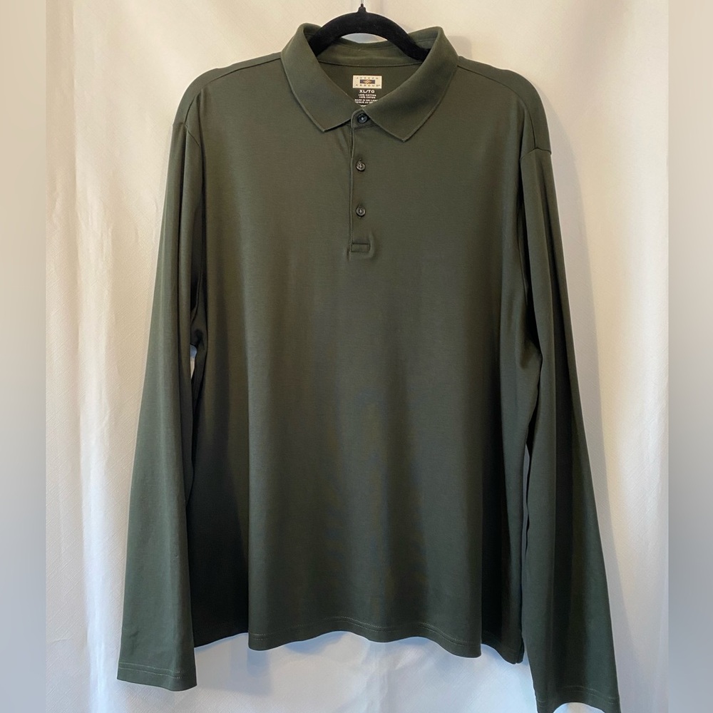 Mens Preppy Academia Olive Green 100% Cotton Jersey Long Sleeve Polo Shirt XL